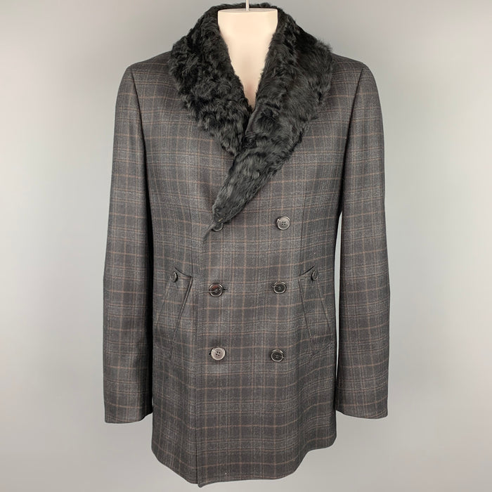 Z ZEGNA Size 42 Charcoal Plaid Wool Double Breasted Coat