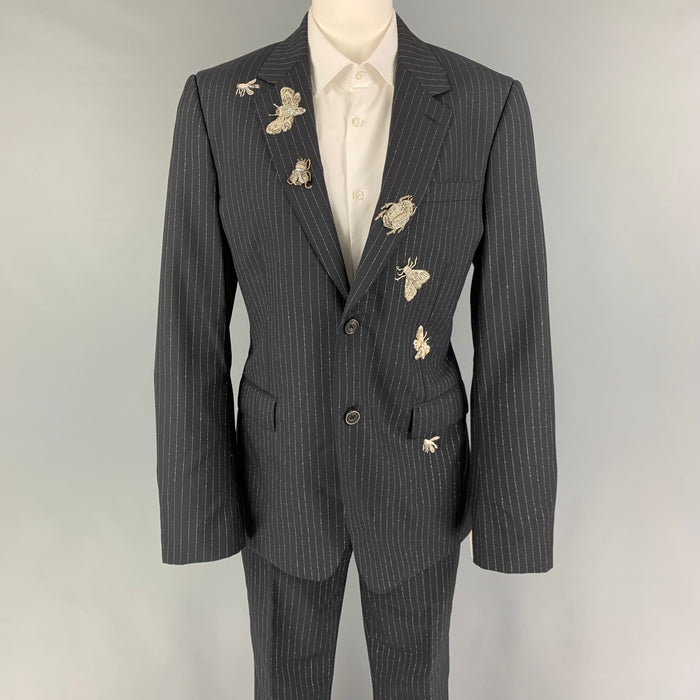 ALEXANDER MCQUEEN Size 38 Black Silver Stripe Wool Blend Notch Lapel Suit