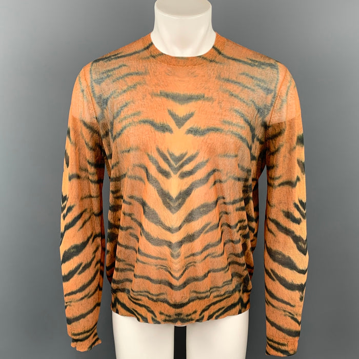 DRIES VAN NOTEN S/S 20 Size L Orange & Black Animal Print Cotton / Polyamide Pullover