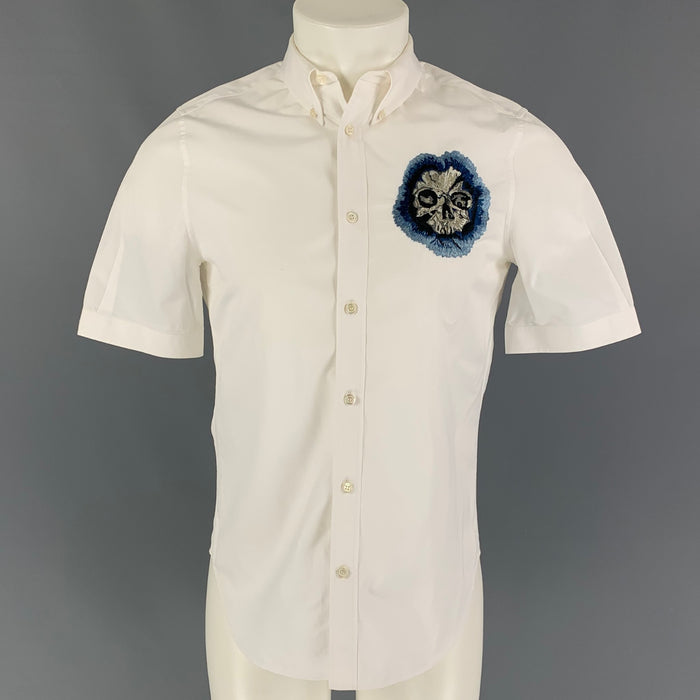ALEXANDER MCQUEEN Size 38 White Blue Embroidery Cotton Short Sleeve Shirt