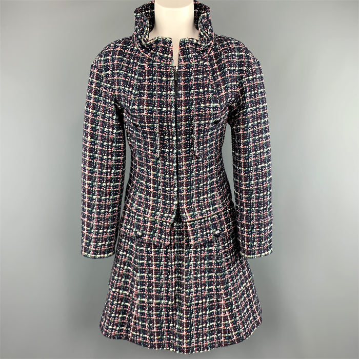 CHANEL FW 2013 Size 2 Navy Multi-Color Tweed High Collar A Line Skirt-Suit