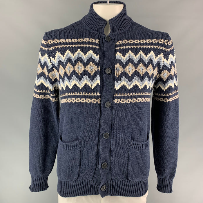 BRUNELLO CUCINELLI Size 42 Navy & White Knitted Cotton / Polyamide Buttoned Jacket