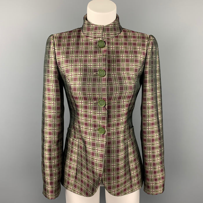 GIORGIO ARMANI Size 2 Burgundy / Green Plaid Wool Blend Nehru Collar Jacket