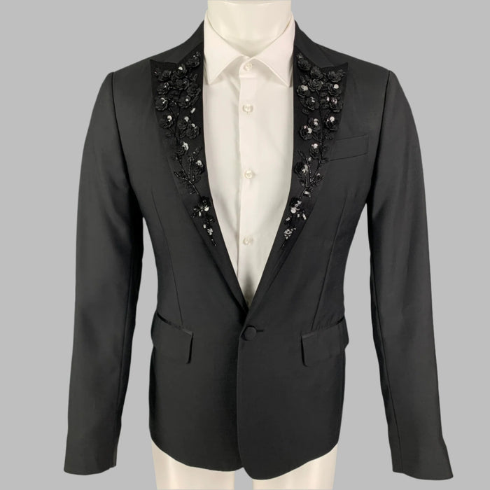DSQUARED2 Size 38 Black Embroidery Wool Silk Peak Lapel Sport Coat