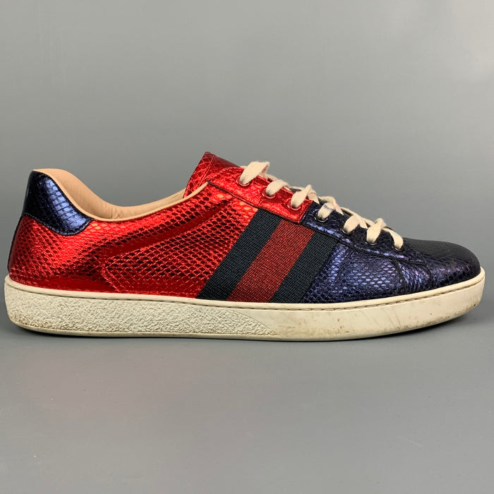 GUCCI Size 10.5 Red & Blue Metallic Snakeskin Low Top Ace Sneakers