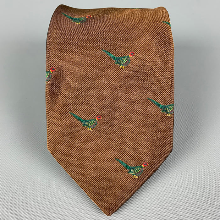 BRIONI Brown Green Bird Print Silk Tie