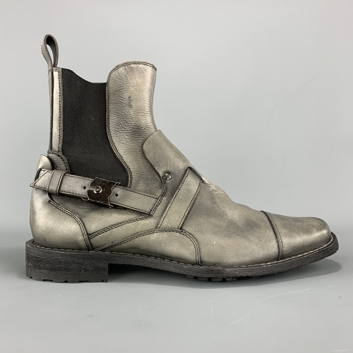 NEIL BARRETT Size 7 Gray Antique Leather Strap Detail Ankle Boots
