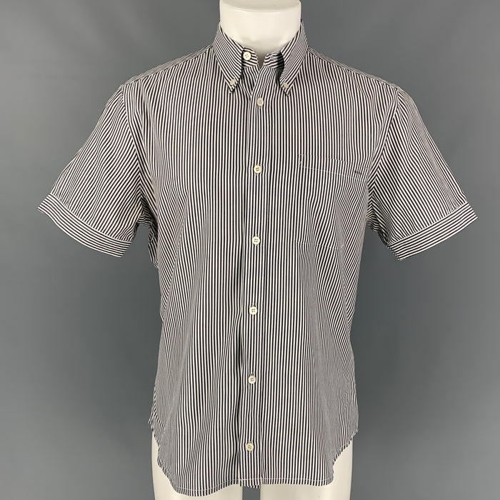 PRADA Size M Navy & White Stripe Cotton Short Sleeve Shirt