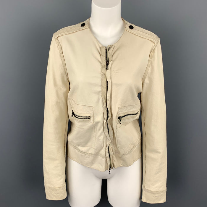 LANVIN Spring 2010 Size 4 Off White Leather Collarless Ruffle Zip Up Jacket