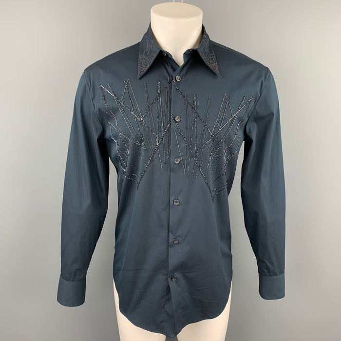 GIANNI VERSACE Size XS Navy Beaded Cotton Blend Button Up Long Sleeve Shirt