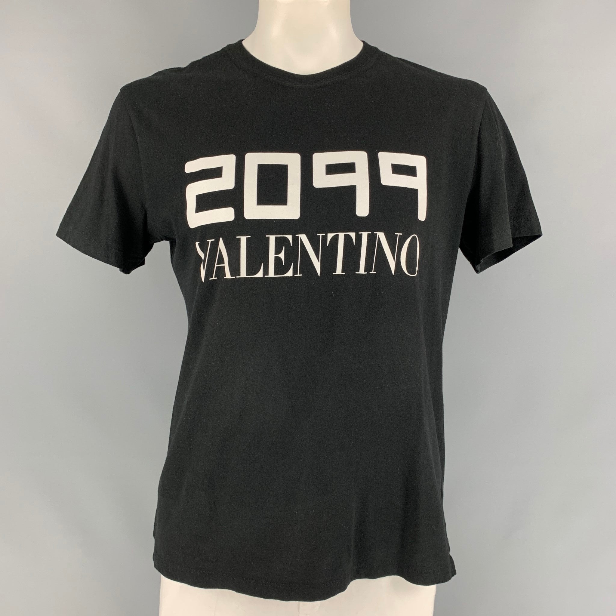 VALENTINO Size L Black & White 2099 Logo Cotton Crew-Neck T