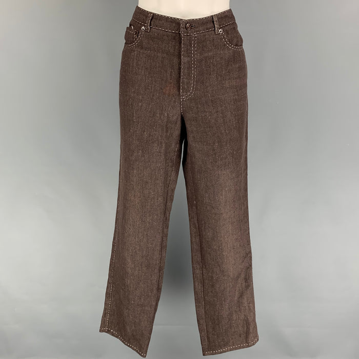 RALPH LAUREN Size 10 Brown White Linen Contrast Stitch Jean Casual Pants