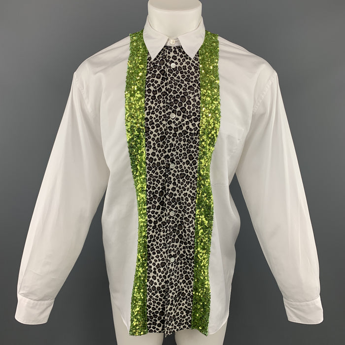 COMME des GARCONS HOMME PLUS Size S White Cotton Leopard & Green Sequin Stripe Shirt