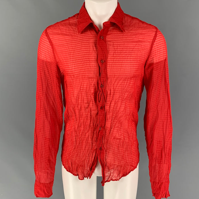 JUST CAVALLI Size L Red Wrinkled Polyester Button Down Long Sleeve Shirt