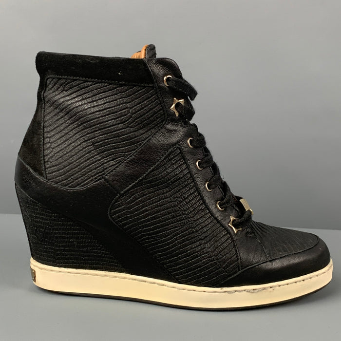 JIMMY CHOO Size 8 Black Leather Quilted Wedge Boots