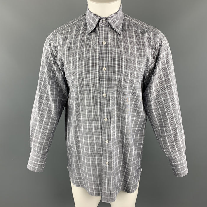 TOM FORD Size M Blue & Grey Plaid Cotton Pointed Collar Button Up Long Sleeve Shirt