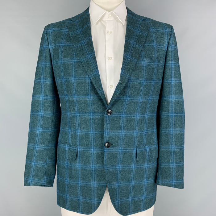 KITON Size 44 Dark Green Blue Plaid Cashmere Notch Lapel Sport Coat