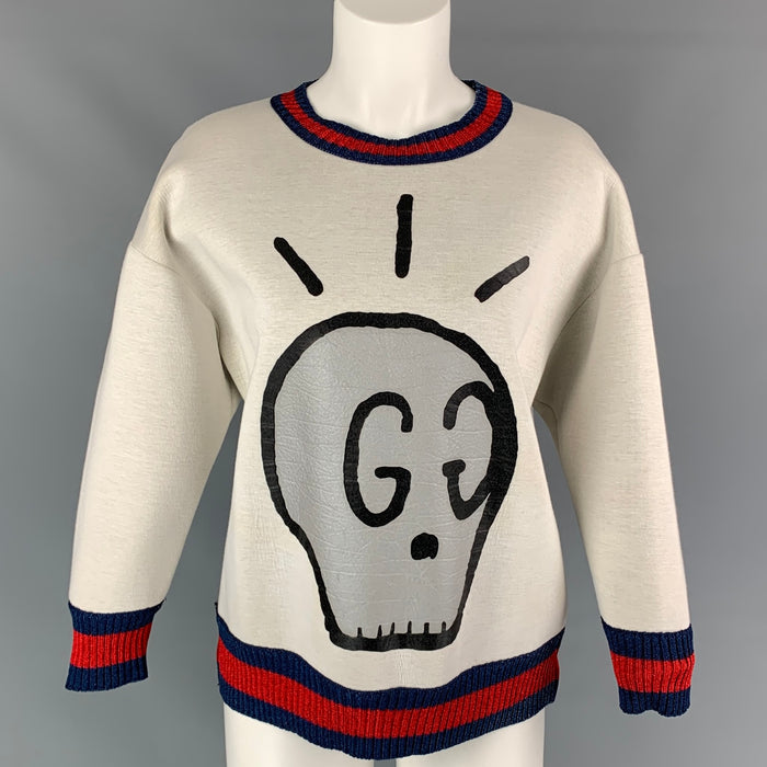 GUCCI Size L Beige Cotton GG Ice Skull Print Pullover Womens Sweater