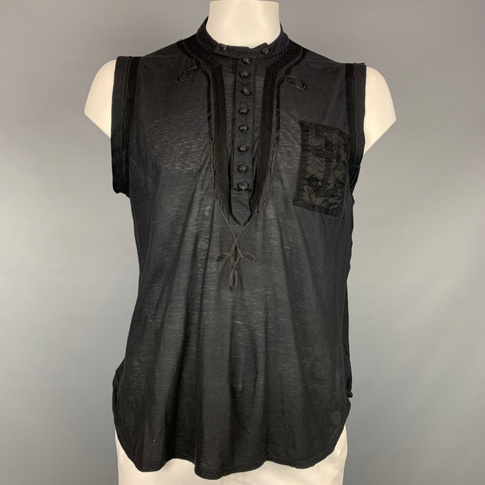 Vintage JEAN PAUL GAULTIER Size XL Black Applique Cotton Nehru Collar T-shirt