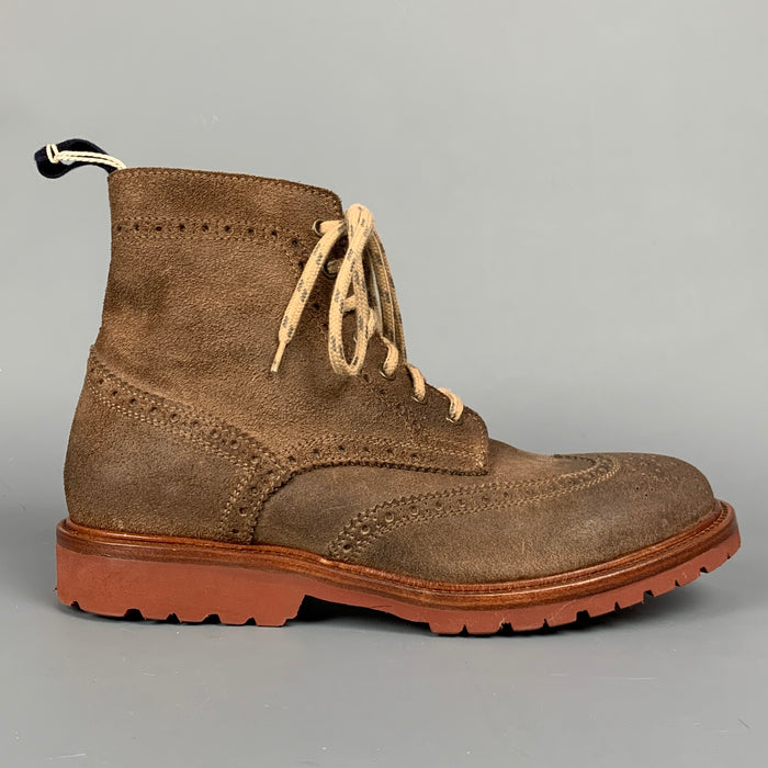 BRUNELLO CUCINELLI Vitello Size 7 Brown Perforated Suede Wingtip Ankle Boots