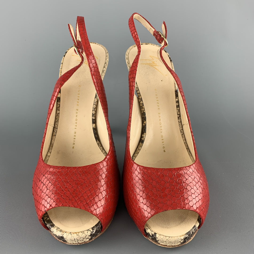 GIUSEPPE ZANOTTI Size 8 Red & Beige Snake Skin Slingback Peep Toe Pumps