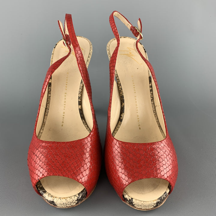 GIUSEPPE ZANOTTI Size 8 Red & Beige Snake Skin Slingback Peep Toe Pumps