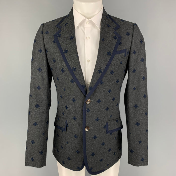 GUCCI Size 36 Regular Charcoal Navy Royal Bee Embroidery Wool Sport Coat