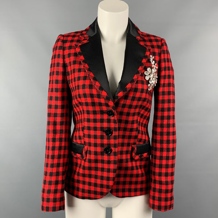 LOVE MOSCHINO Size 4 Red & Black Gingham Wool Rhinestone Jacket