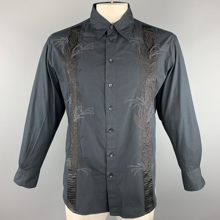 ROBERTO CAVALLI Size L Black Embroidery Cotton Button Up Long Sleeve Shirt