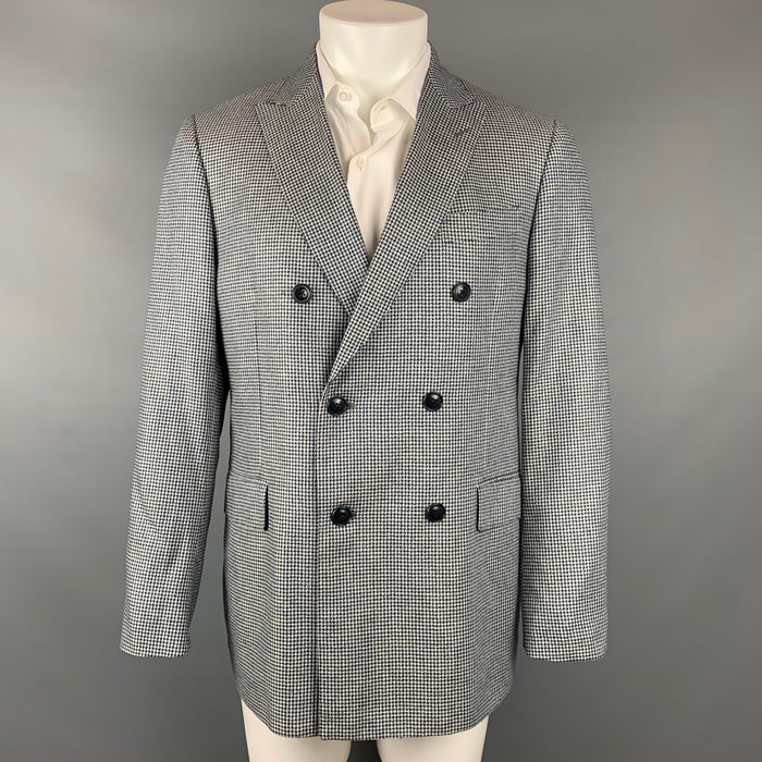 ETRO Size 40 Navy & White Houndstooth Silk Double Breasted Sport Coat