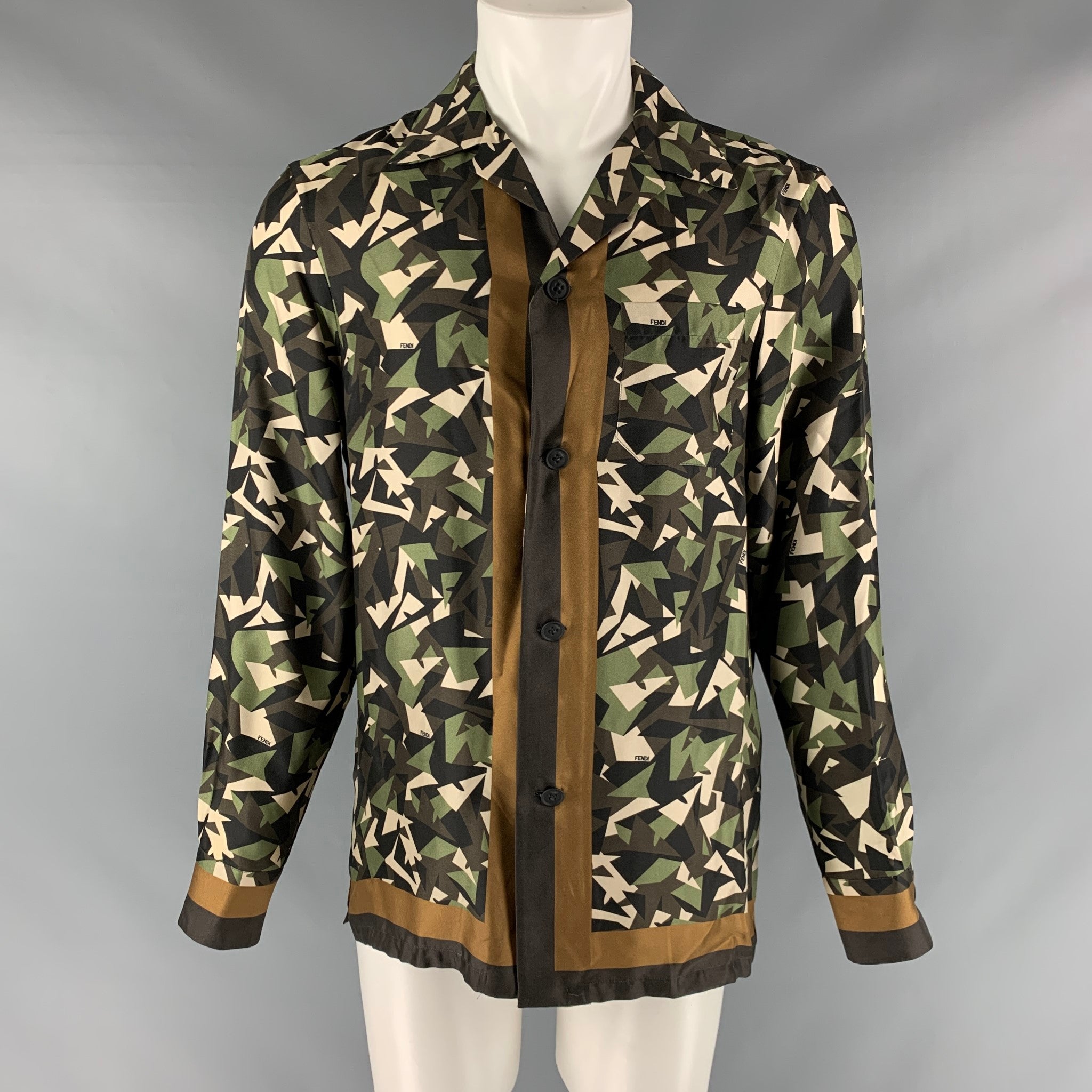 FENDI Size M Green Brown Abstract Silk Button Up Long Sleeve Shirt