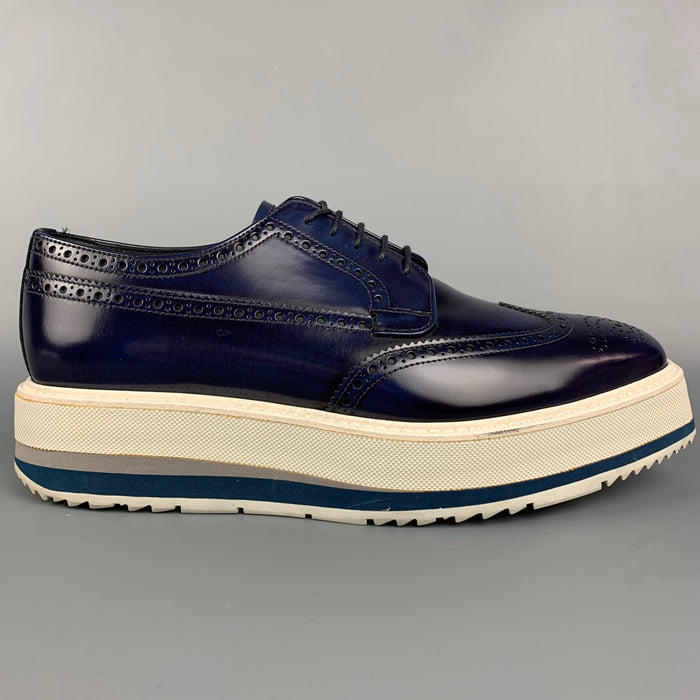PRADA Size 6.5 Navy & White Perforated Leather Platform Lace Up Shoes