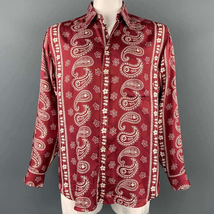 GIORGIO ARMANI Size L Burgundy & White Paisley Silk Button Up Long Sleeve Shirt