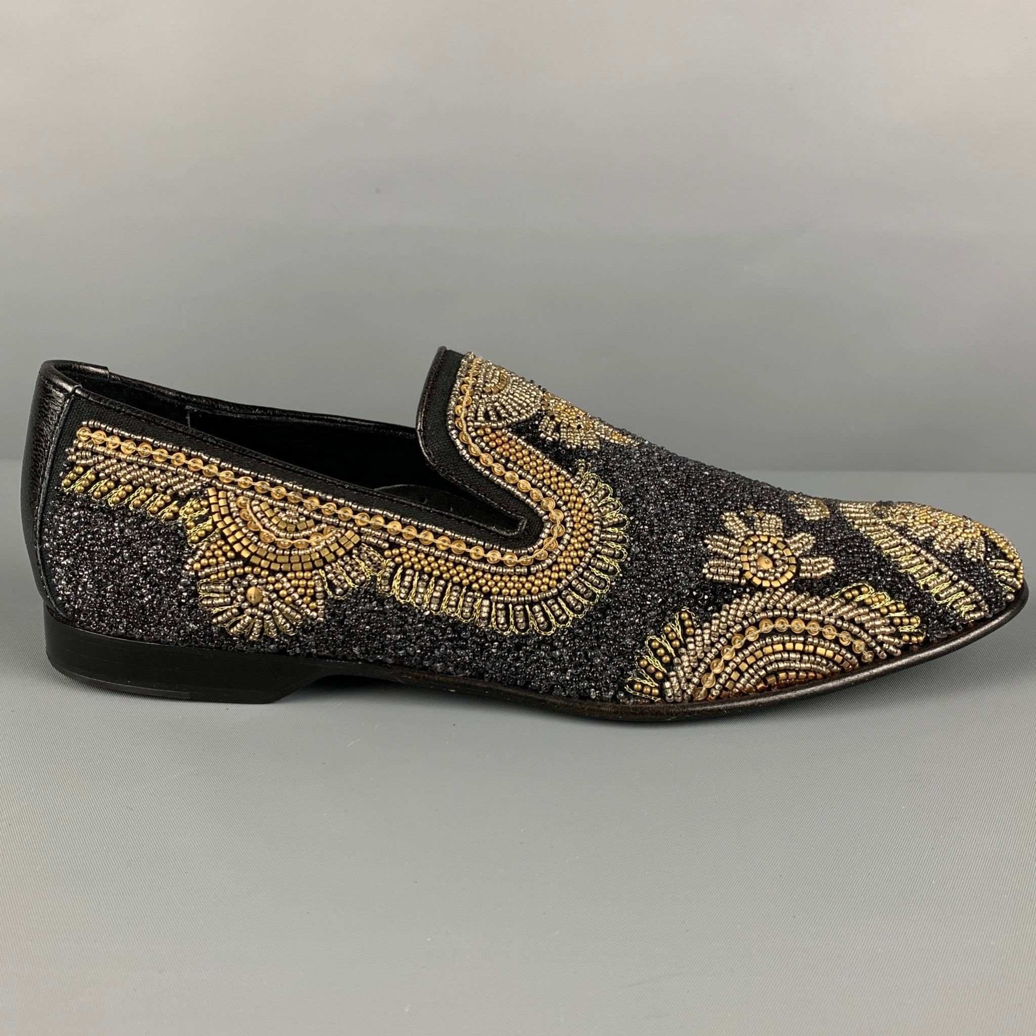 DONALD J PLINER Size 9 Black Silver Gold Beaded Leather Slip On Loafer Sui Generis Designer Consignment DONALD J PLINER Size 9 Black Silver Gold Beaded Leather Slip On Loafer Sui Generis Designer Consignment