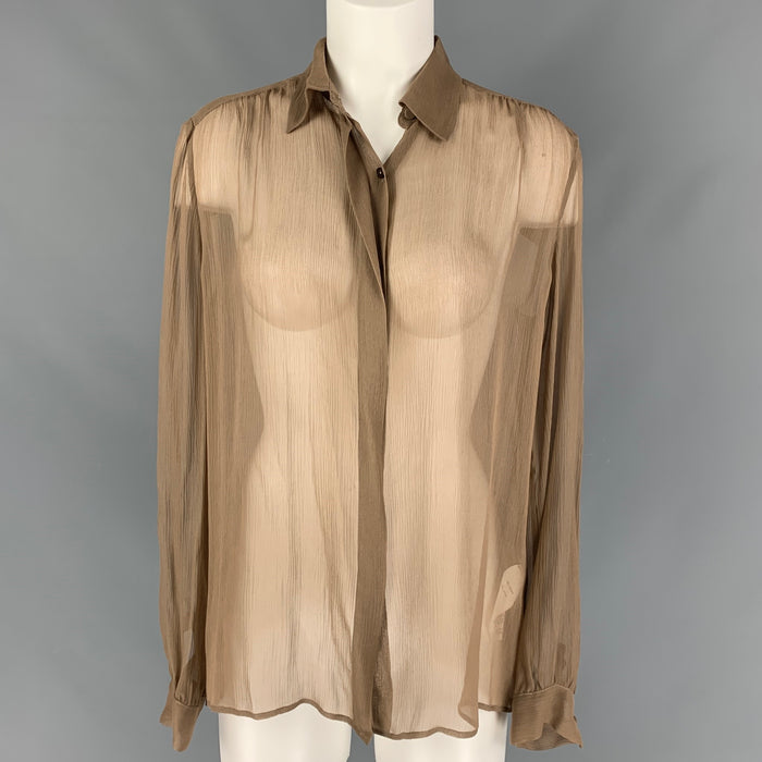THE ROW Size 8 Khaki Silk Long Sleeve Blouse