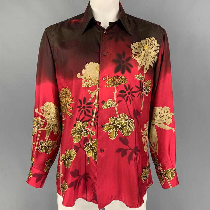 Vintage GUCCI by Tom Ford 2001 Size XL Red Floral Silk Button Up Long Sleeve Shirt