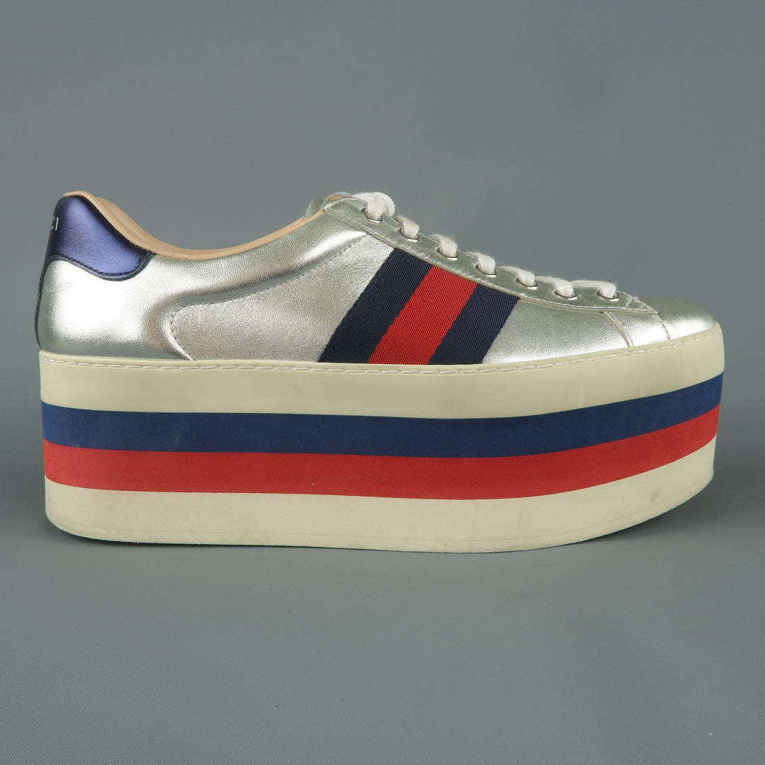 GUCCI US 8 / UK 7 Silver Metallic Leather Striped Platform Sneakers