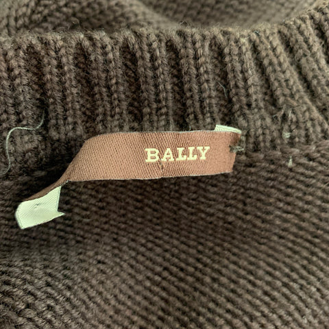 BALLY Size M Brown Wool Leather Trim Buttoned Cardigan