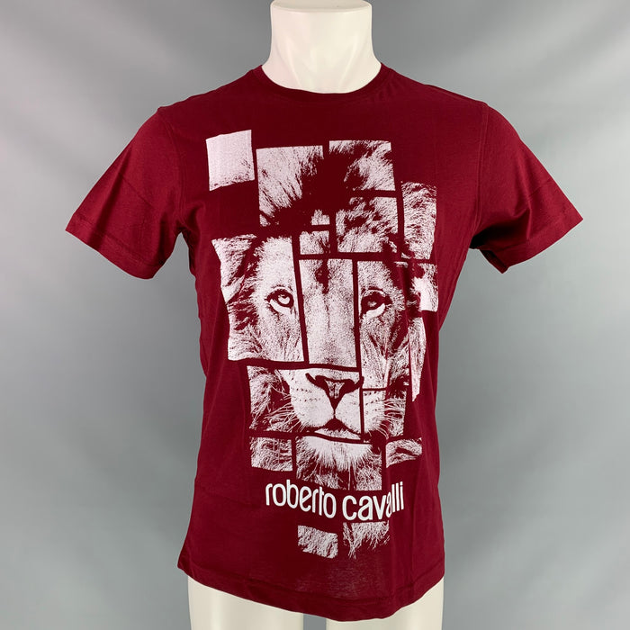 ROBERTO CAVALLI Size M Burgundy White Graphic Cotton Short Sleeve Shirt