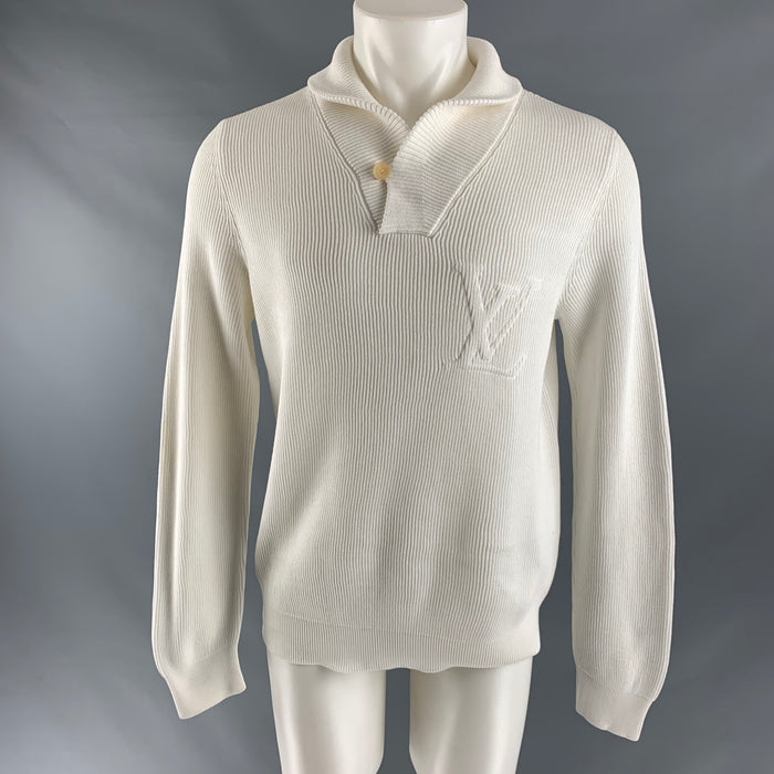 LOUIS VUITTON Talla M Suéter blanco con cuello chal de algodón de punto acanalado