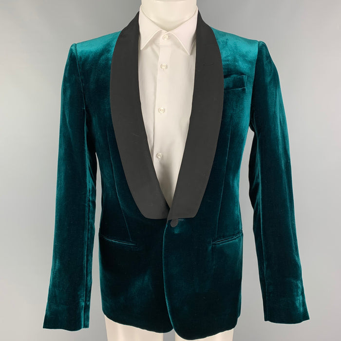 BALLY Size 38 Teal Black Velvet Viscose Silk Shawl Collar Sport Coat