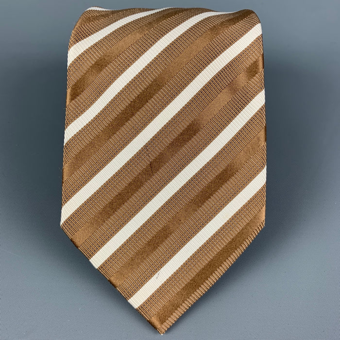 BRIONI Taupe White Brown Diagonal Stripe Silk Tie
