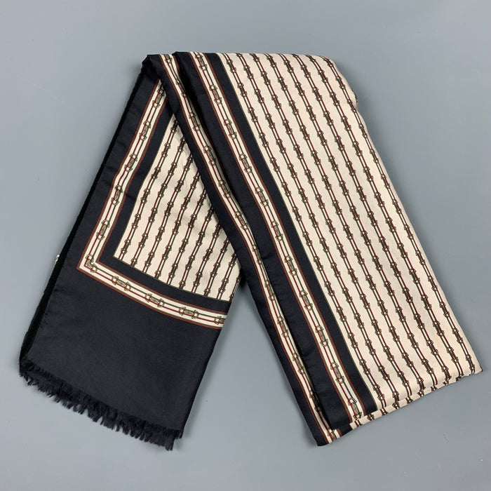 PIERRE BALMAIN Black & White Equestrian Silk / Wool Reversible Scarf