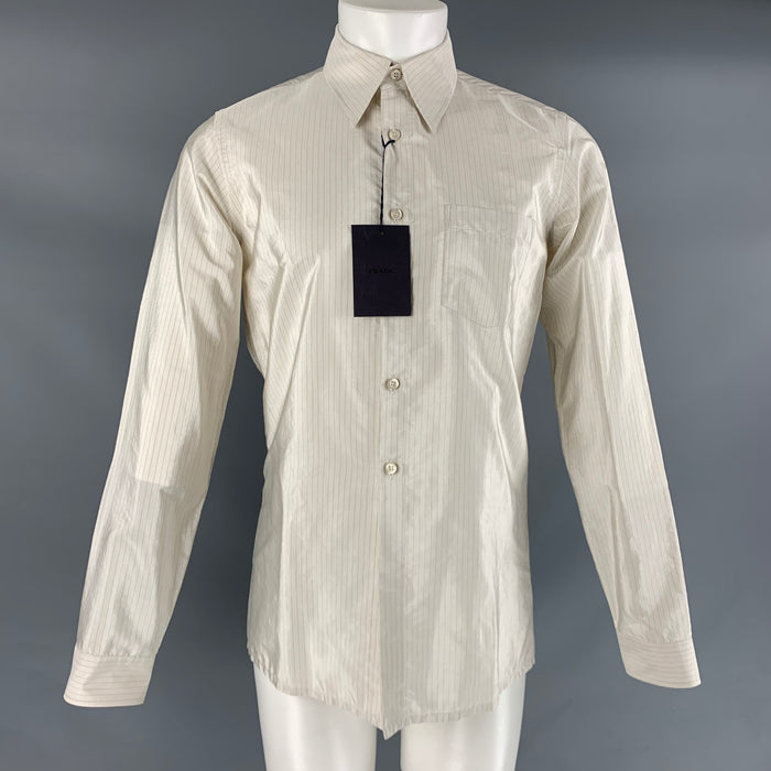 PRADA Size S Beige Stripe Silk Button Up Long Sleeve Shirt