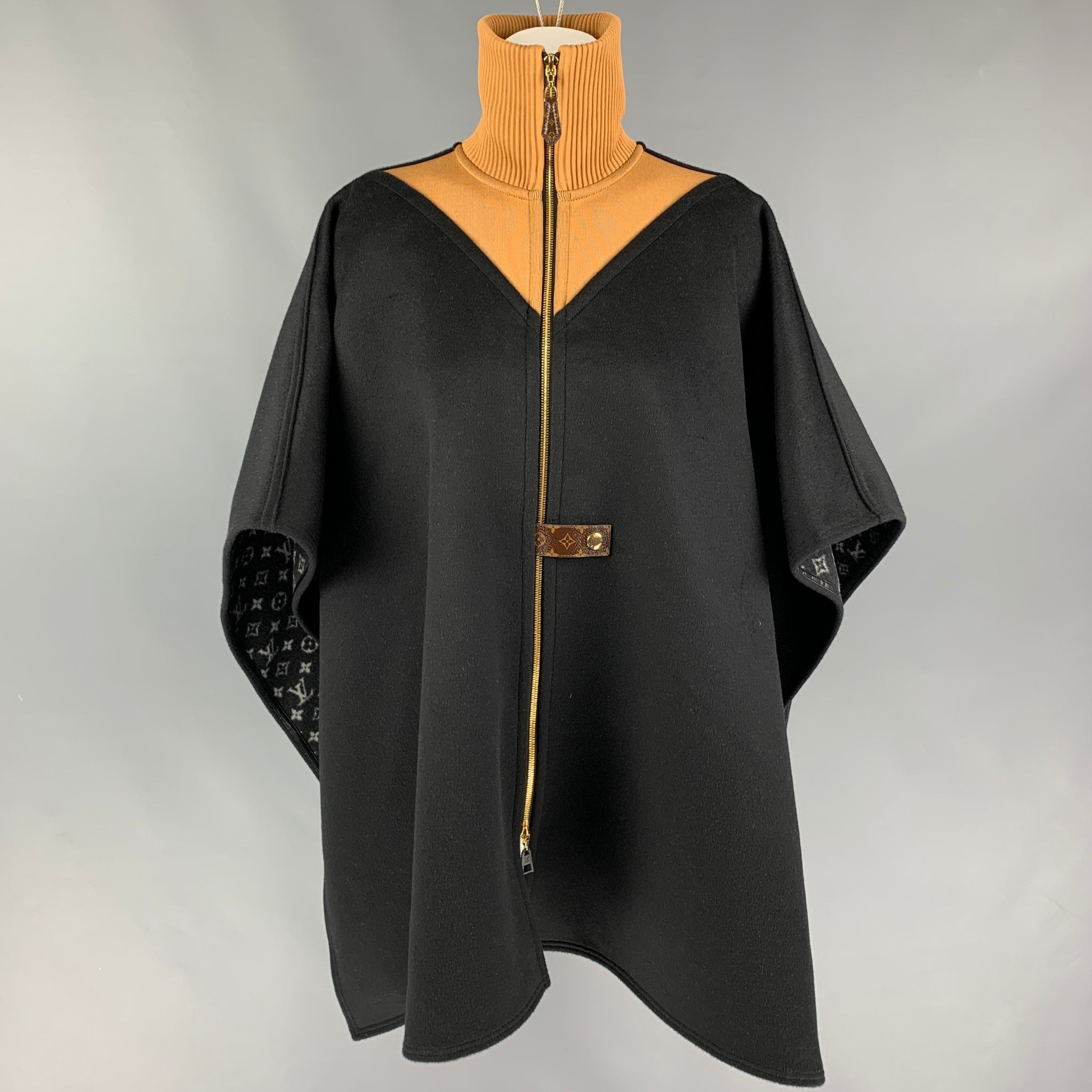 Louis Vuitton Black Coat With Leather Trim & Belt (CA36929