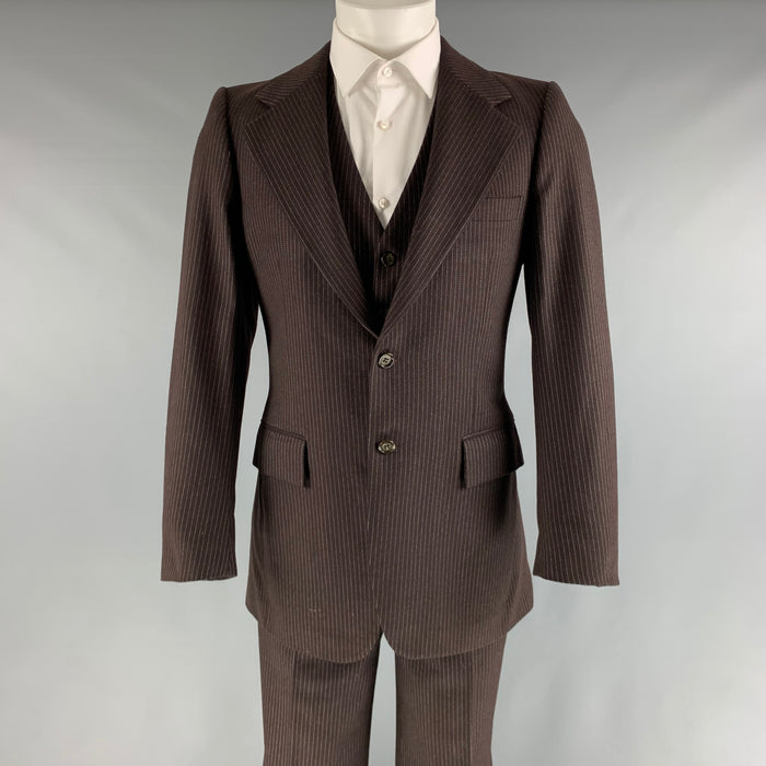 YVES SAINT LAURENT Chest Size 40 Brown White Pinstripe Single breasted 32 Suit