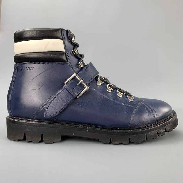 BALLY Champions Size 10 Navy & White Leather Hiking Ankle Boots
