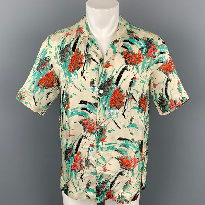 DRIES VAN NOTEN S/S 20 Size XS Beige & Green Beaded Viscose Camp Short Sleeve Shirt