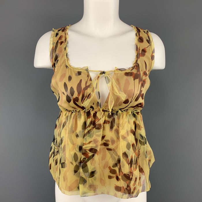 MISSONI Size 2 Yellow Leaf Print Silk Pleated Sleeveles Blouse