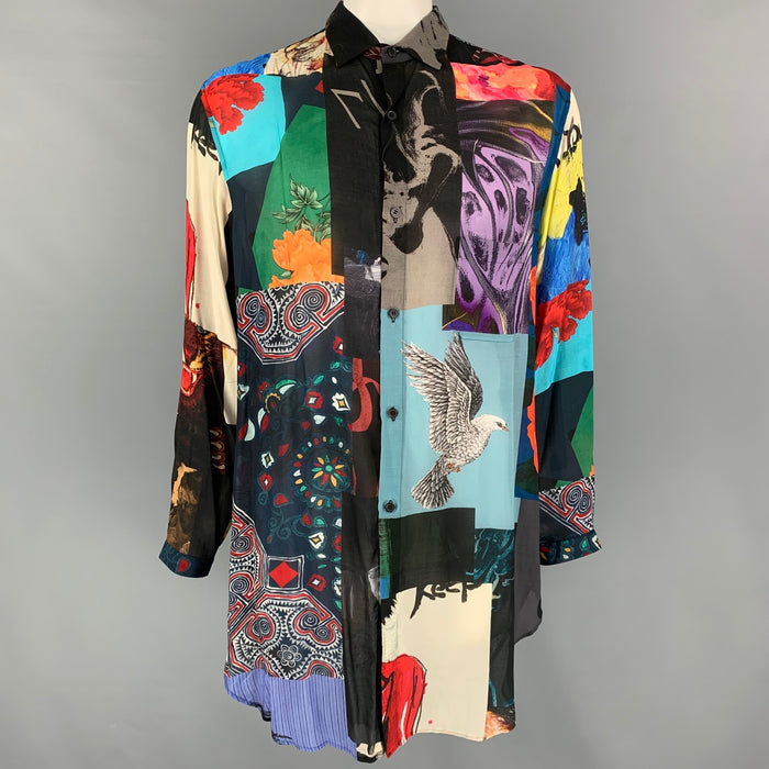 YOHJI YAMAMOTO BLACK SCANDAL Size XL Multi-Color Print Cupro Tencel Tunic Long Sleeve Shirt